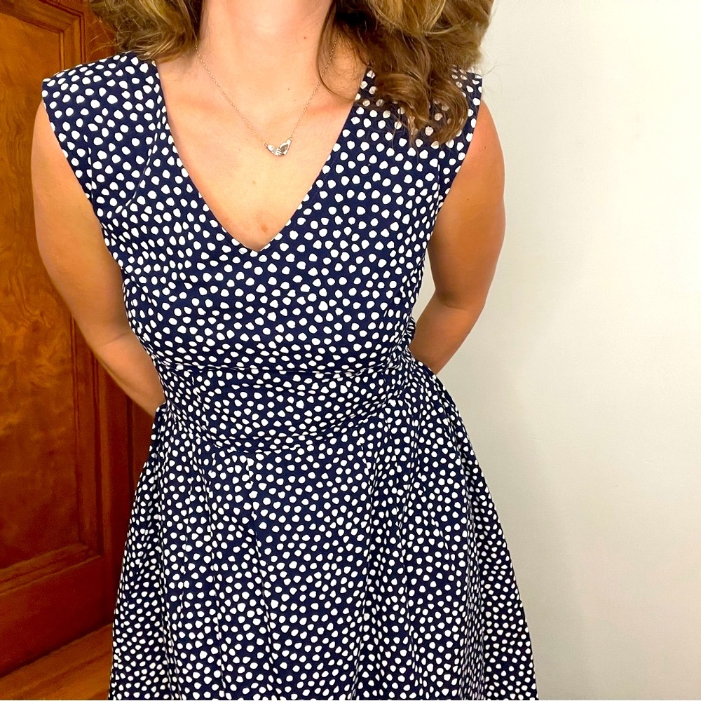 Lanz Vintage 1970s Elegant Navy Blue and White Polka Dot Dress - Picture 2 of 13
